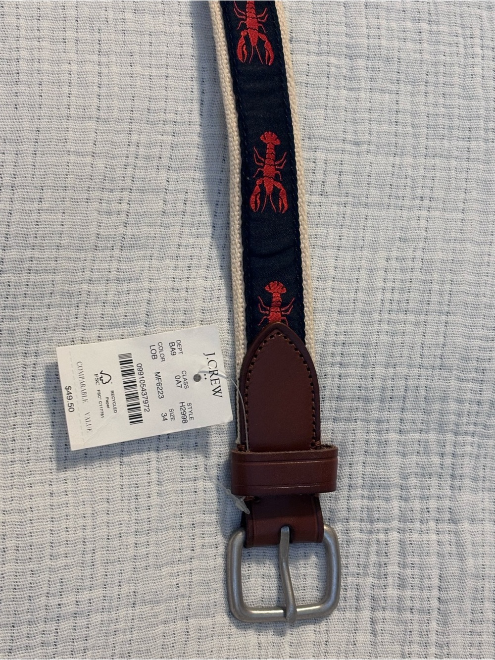 J. Crew Navy Lobster Embroidered Canvas Belt with Brown Leather